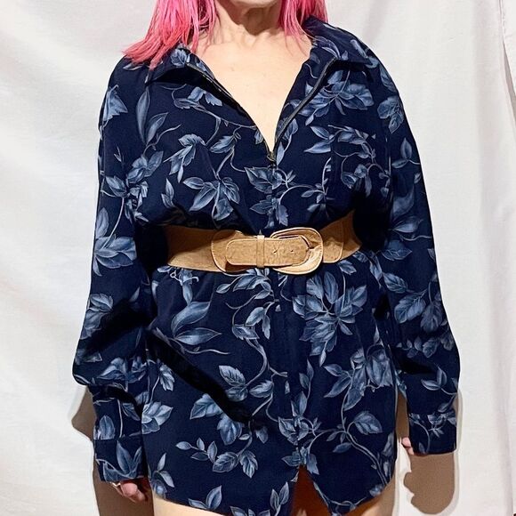 Vintage Blue Floral Print Shirt Mini Dress - Picture 12 of 13